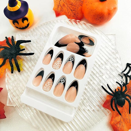 Almond Press on Nails Medium Length Black French Tip Halloween Fake Nails Full Cover Acrylic Nails Glue on Nails with Spider Web Design False Nails Glossy Stick on Nails for Women Girls 24 Pcs