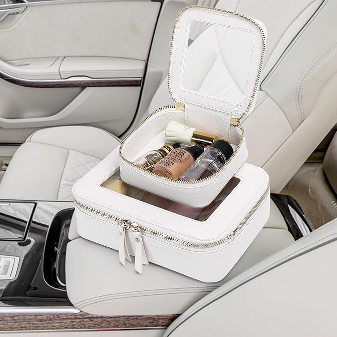 Pinkmik Clear Makeup Bag Waterproof Travel Case for Cosmetics and Toiletries Women's Purse Organizer and Clear Car Bag with Zipper (White, M+MINI)