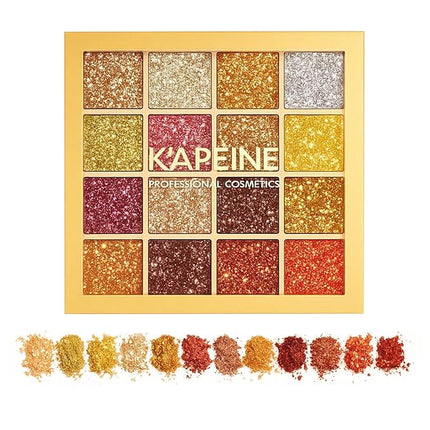 K'APEINE Gold Glitter Eyeshadow Palette, 16Colors Fine Pressed Sparkle Eye Shadow Metallic Glitter Powder Makeup Pallet Ultra Shimmer Makeup Kit Highly Pigmented Long Lasting Waterproof for Face Body