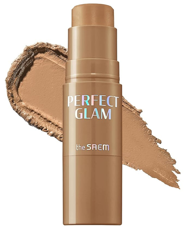 THESAEM Perfect Glam Stick Shading BR01 Brown Choux - Creamy Face Contour Taupe Brown - Ceramide, Shea Butter - Melting Cream Texture Natural Shadow Korean Makeup with Blending Puff, 0.2oz