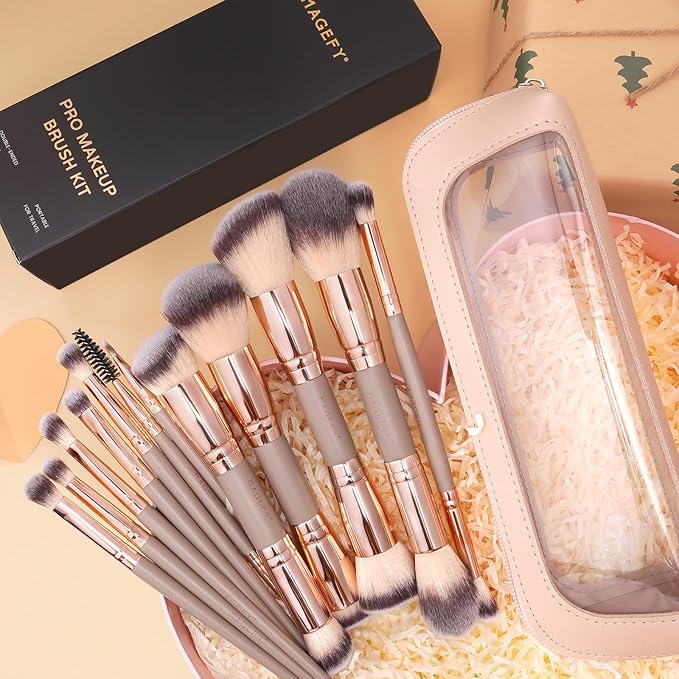 MAGEFY Makeup Brushes 12Pcs with Bag, Double-End Multi-functional for Foundation Powder Blush Eyeliner Eyeshadows brushes with Gift Box,Champagne