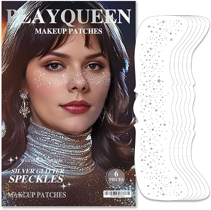 Glitter Freckles Face Tattoo，Face Makeup Patches，Silver Fake Freckles-6 Count，Waterproof-Fun & Creative Face Glitter Stickers，Temporary Face Freckles for Women，Must-Have for Music Party Makeup