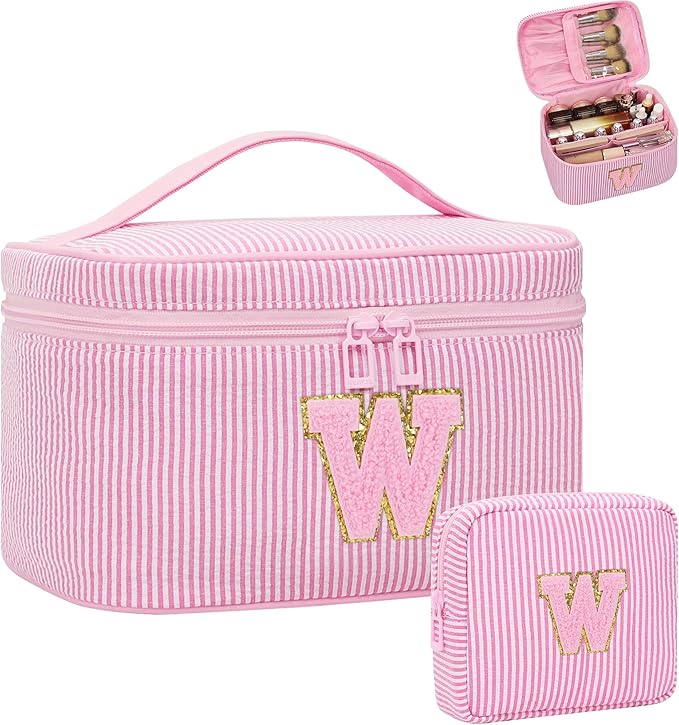 Personalized Initial Makeup Bag for Women,Make Up Case for Girlfriend Bridesmaid Wife,Maid Matron of Honor Gift, Bride to be Gifts,Bachelorette Party Favors,Birthday Gift for Her Pink W