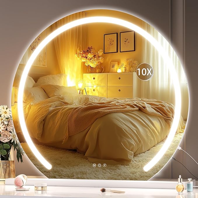 Hasipu Vanity Mirror with Lights, 24" x 22" LED Makeup Mirror, Lighted Makeup Mirror with Lights, Smart Touch Control 3 Colors Dimmable Mirror White