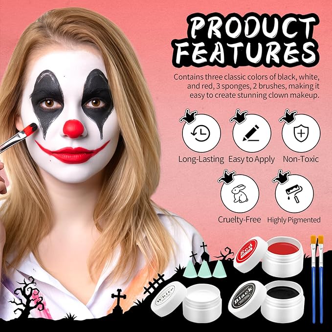 Clown Makeup Kit, Black White Red Face Body Paint Professional Oil-Based Body Face Paint Halloween Joker Makeup Kit for Adults Special Effects SFX Zombie Vampire Skeleton Cosplay Makeup