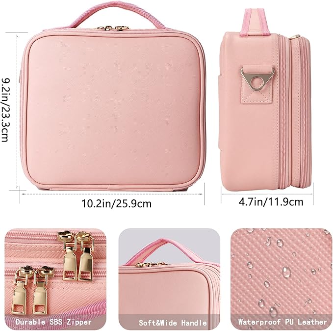 PU Leather Travel Makeup Bag, Portable Makeup Organizer Case Makeup Train Case with Adjustable Dividers and Shoulder Strap Make up Bags (with Mirror Pink)