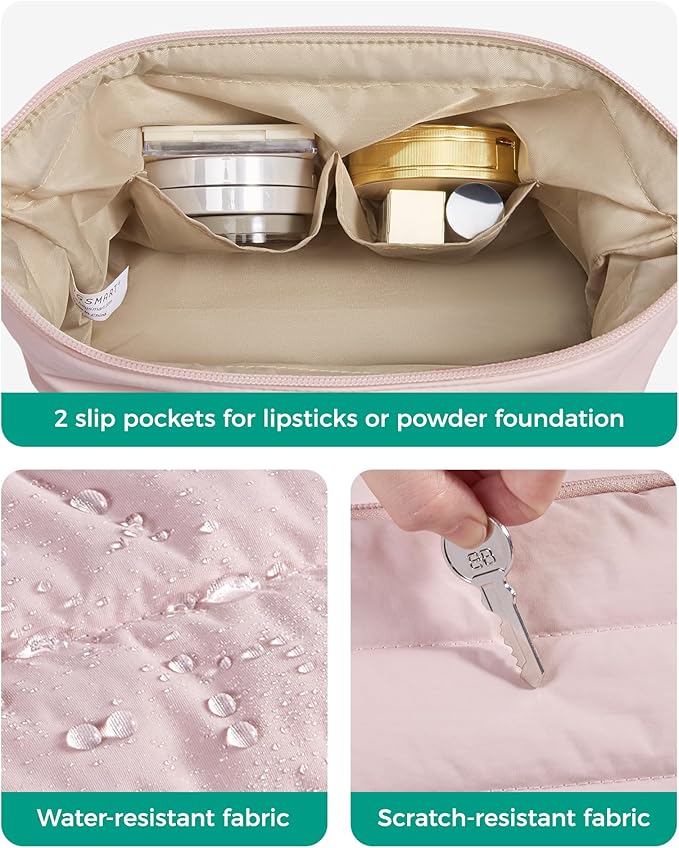 BAGSMART Makeup Bag Travel Toiletry Bag, Puffy Padded Make Up Bags for Women, Makeup Organizer Wide-open Pouch Purse, Travel Essentials for Toiletries Accessories Brushes, Pink