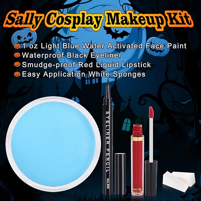 Sally Makeup Kit, Corpse Bride Halloween SFX Makeup Kit, Sally Face Costume Cosplay Accessories for Women Girls, Water Activated Light Blue Face Body Paint+Red Lipstick+Black Eyeliner+Sponges