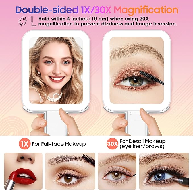 Magnifying Travel Mirror with Light, 30X/1X Double-Sided Magnifying Mirror with 3 Color Lights, Brightness Adjustable, Foldable Handheld Makeup Mirrors Portable for Travel and Desktop Use