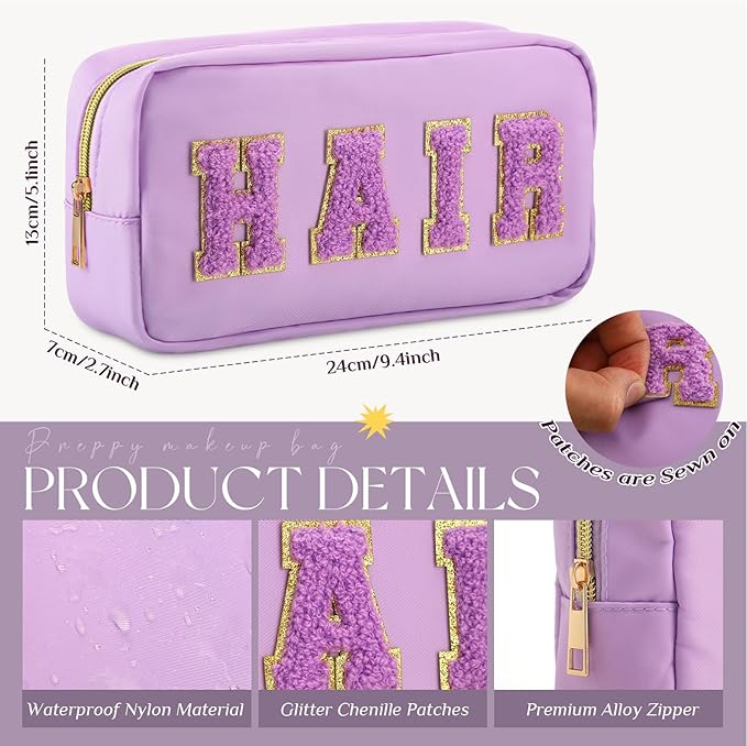 Cunno 4 Pcs Preppy Makeup Bags Chenille Letter Stuff Bag Nylon Cosmetic Pouch Cases with Zipper for Women Travel Toiletry