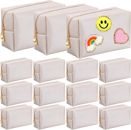Kigeli 15 Pcs Aesthetic Makeup Bags PU Leather Cosmetic Pouches Waterproof Plain Toiletry Bags Makeup Pouches Bulk for Women Party Gift Travel Storage Organizer(Ivory White)