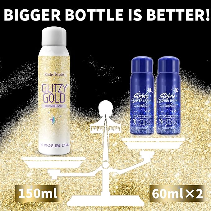 Hair Glitter Body Glitter Spray, 150ML Glitter Hairapray Gold Glitter Spray for Hair and Boday, Hair Glitter for Kids Women, Body Shimmer Festival Rave and Makeup 4.2 Fl Oz