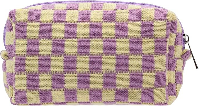 PAZIMIIK Checkered Makeup Bag for Purse Portable Zipper Make Up Pouch Small Cosmetic Case for Travel Accessories (Purple)