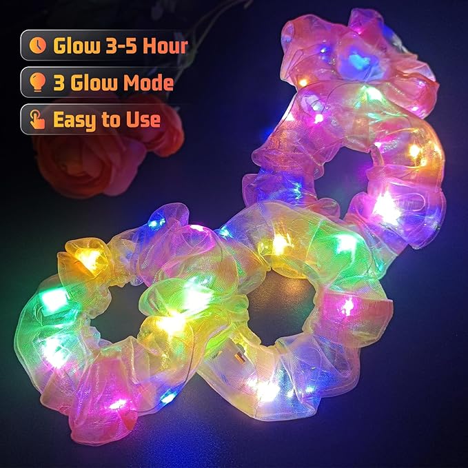 4Pcs Light Up Scrunchies for Women Girl, Multi Light Modes LED Scrunchy, Hair Tie, Glow in The Dark Hair Accessories, Orange Set for Rave Party, Christmas Festival, Neon Glow Party