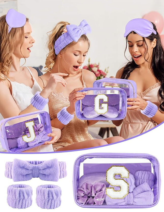 Gift Sets for Women, Initial Makeup Bag with Makeup Brush Set Bachelorette Party Favors, Purple Spa Kit with Skincare Headbands Wrist Bands Sleepover Party Supplies Gifts for Teen Girls Bridesmaid S