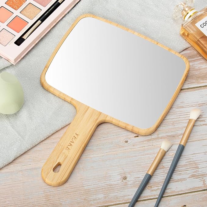 YEAKE Hand Mirror,Natural Bamboo Handheld Mirror with Handle, Single-Sided Portable Travel Vanity Mirror for Men & Women,6.9" W x 9.9" L