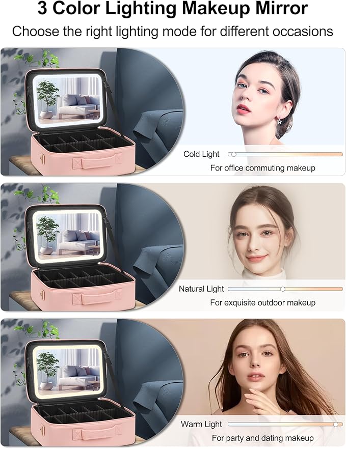 Chomeiu Makeup Bag with LED Mirror, Large Train Case for Makeup Artists, 16.2 inches Travel Professional Cosmetic Organizer with Light Up Mirror, 3 Color Lights, Brush Holder & Shoulder Strap (Pink)