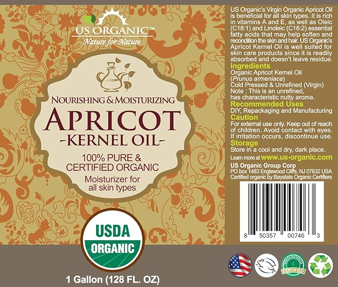 US Organic Apricot Kernel Oil, USDA Certified Organic,100% Pure & Natural, Cold Pressed Virgin, Unrefined, Size for DIY and small manufacturers (128 oz (1 Gallon))