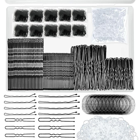 510PCS Black Bobby Pins Hair Pins Kit with Hair Net, YINGFENG Includes 100 Bobby Pins for Women, 100 U-Shaped Buns Hair Clips, 300 Hair Bands and 10 Black Hair Nets, Dance competition must haves