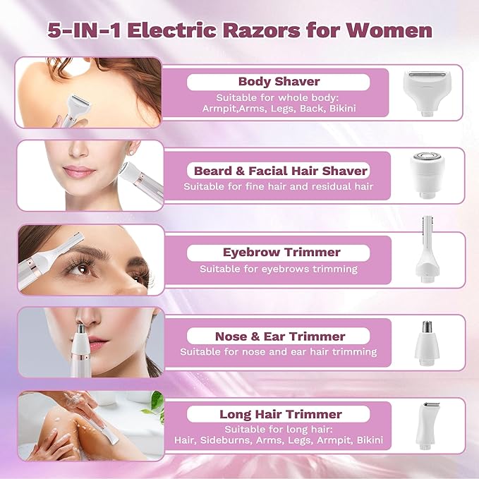 Electric Shavers Razors for Women, 5 in 1 Bikini Trimmer for Women, Wet/Dry Womens Electric Shaver Razor, Face Shaver for Face Nose Eyebrow Arms Armpit Legs Pubic Area, Facial Hair Removal