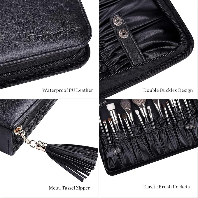 Rownyeon Professional Makeup Brushes Organizer Bag Makeup Artist Cosmetic Case Leather Handbag Black Travel Portable(Only Bag)
