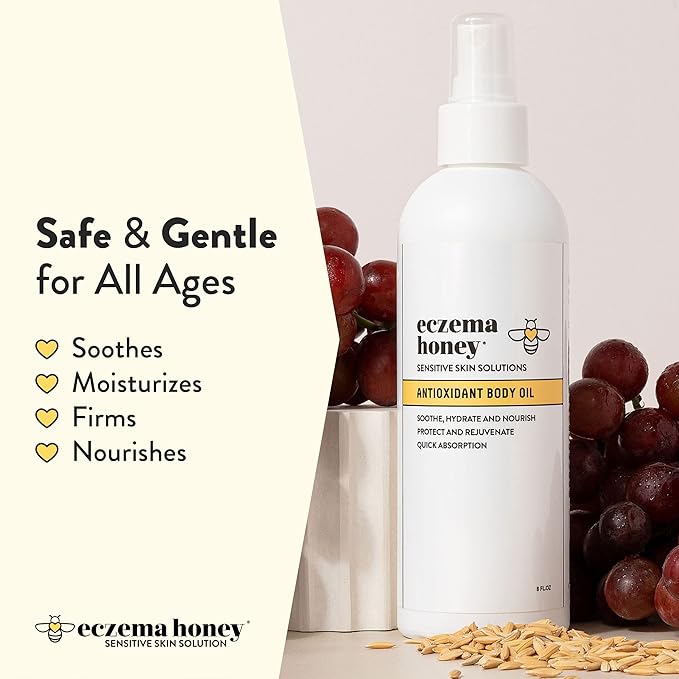 ECZEMA HONEY Antioxidant Body Oil - After Shower All Over Body Oil Spray for Skin - Eczema-Prone & Sensitive Moisturizing Skin Oil - Unscented Body Oils for Women, Men & Kids (8 Fl Oz)