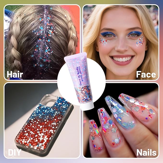 DAGEDA Red White Blue Body Glitter, 4th of July Outfits Accessories for Women, USA Flag Face Glitter Makeup, Fourth of July Patriotic Independence Day Hair Accessories Party Costumes