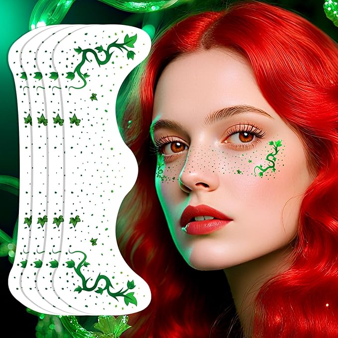 Ivy Freckles Face Tattoo - Enchanted Vine & Green Leaf Temporary Tattoos | Waterproof Face Gems for Halloween Ivy Costume, Botanical Makeup, Festival & Cosplay (8 Sheets)