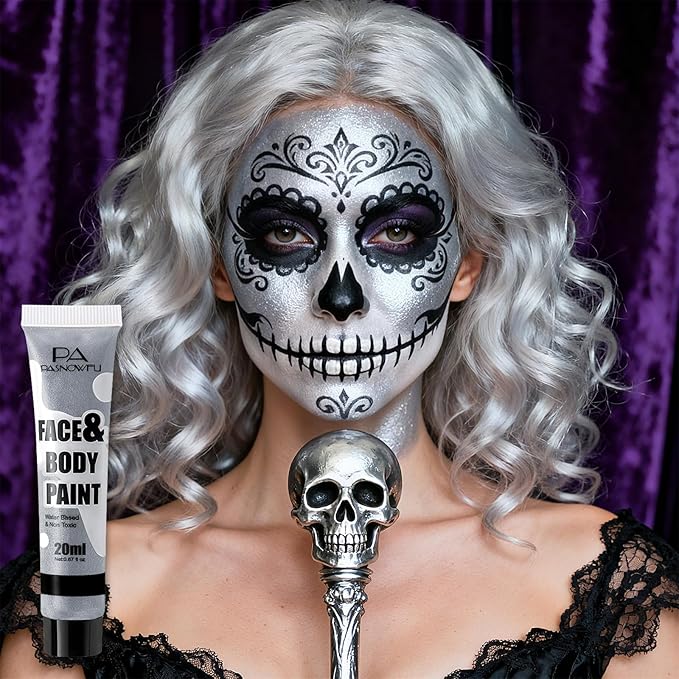 Silver Face Body Paint - Professional Water-Based Non-Toxic Body Painting for Vampire, Skeleton Halloween SFX Cosplay, Full Coverage Washable Cream for Costume Party Theater