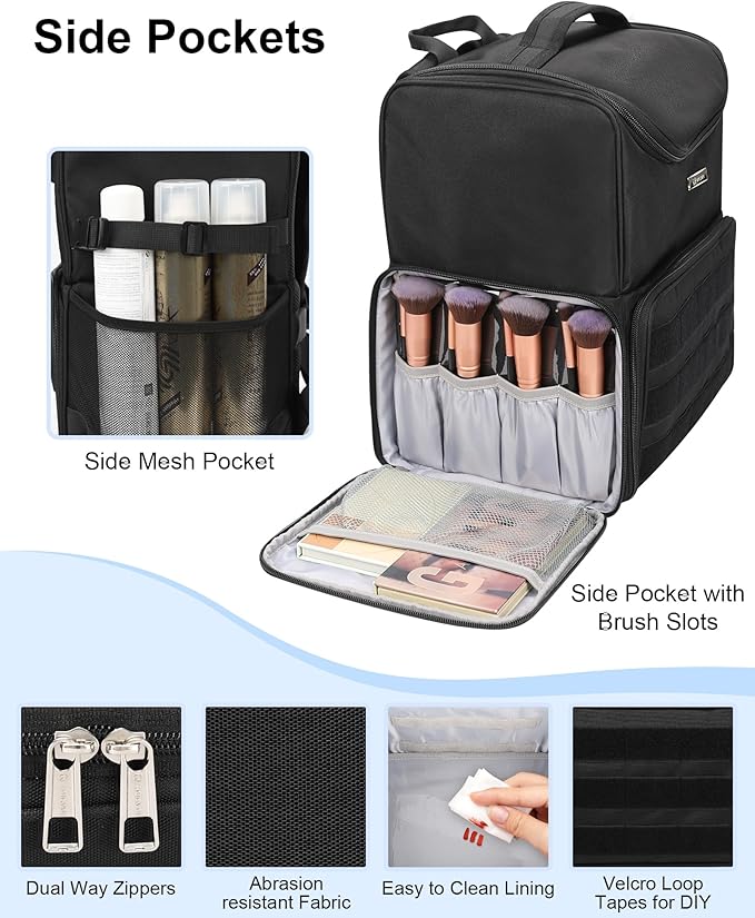 Relavel Makeup Backpack Large Makeup Bag with 3 Clear Set Bags, Dual Layer Professional Cosmetic Organizer Travel Train Case Makeup Artist Kit with Adjustable Dividers & Easy to Clean Lining, Black