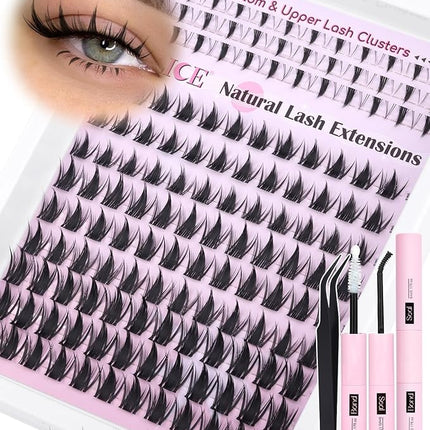 ALICE Manga Lash Clusters Kit Clear Band Natural Lash Extensions Kit 5-14mm Wispy Cluster Eyelash Extension Kit DIY Invisible Band Individual Cluster Lashes with Spiky Bottom Lashes Bond and Seal