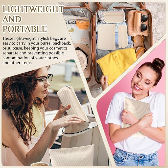 3 Pcs Makeup Bag Set for Women Corduroy Cosmetic Pouch Aesthetic Smile Travel Toiletry Bag Cute Purse Pouch Pencil Case Makeup Brushes Storage Organizer for Christmas(White,Solid Style)