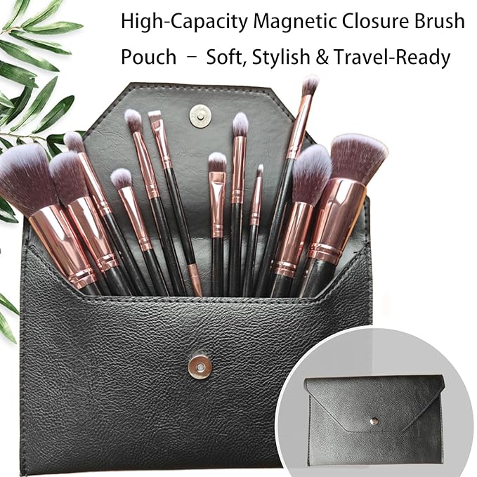 Makeup Brushes Set 12 Pcs Classic Black Makeup Brush Kit, Foundation Brush Eyeshadow Brush Powder Brush Kabuki Brush Blush Cosmetic Brushes With Case Travel Gift