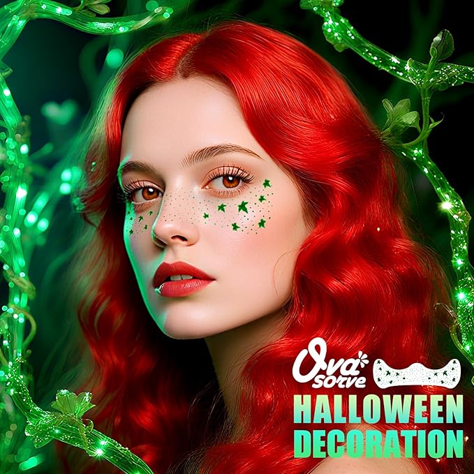 Ivy Leaf Freckles Face Tattoo - Green Glitter Face Gems & Vine Temporary Tattoos | Waterproof Halloween Makeup Kit for Halloween Ivy Costume, Festival Cosplay, Rave Party Favors (8 Sheets)