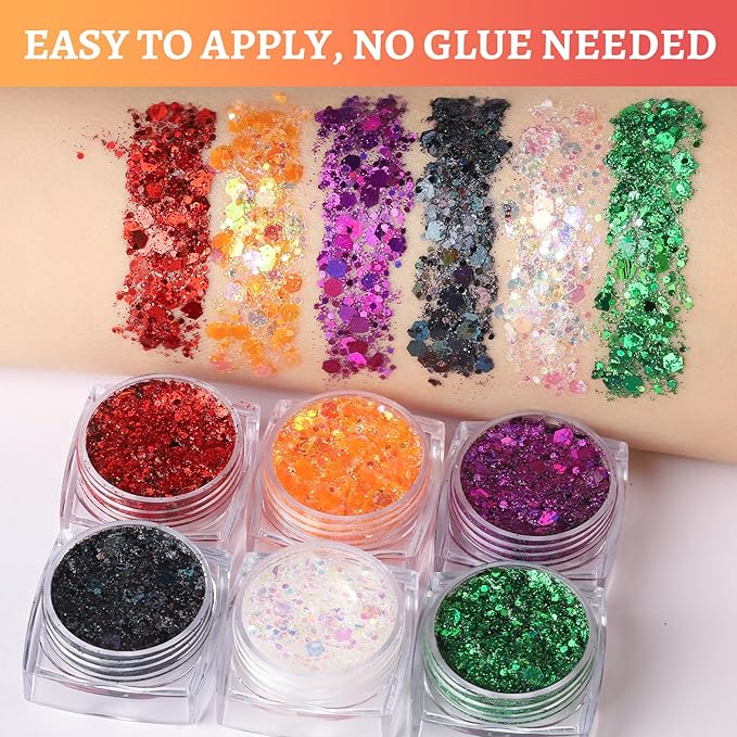 Teenitor 6 Colors Body Glitter Face Glitter for Women Kids, Halloween-Themed Color Face, Body Hair Glitter Gel, Sparkling Glitter Gel for Festival Concerts Cheer