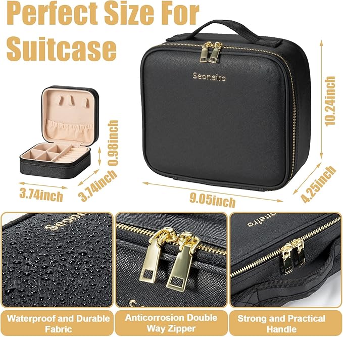 Seoneiro Makeup Travel Bag with LED Lighted Mirror Adjustable Brightness Portable Waterproof Makeup Case with Adjustable Dividers, Make up Train Case Organizer Makeup Brush Accessories and Tool Case