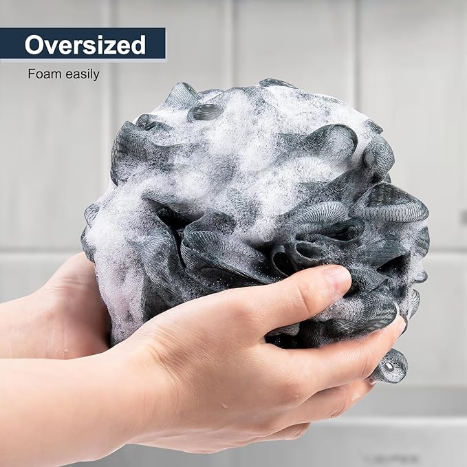 Loofah Sponge XXL-100g 4 Pack, Bath Sponge Soft Mesh Shower Puff Loofah for Men, Exfoliating Body Scrubber for Women, Shower Accessories (Blue Gray)