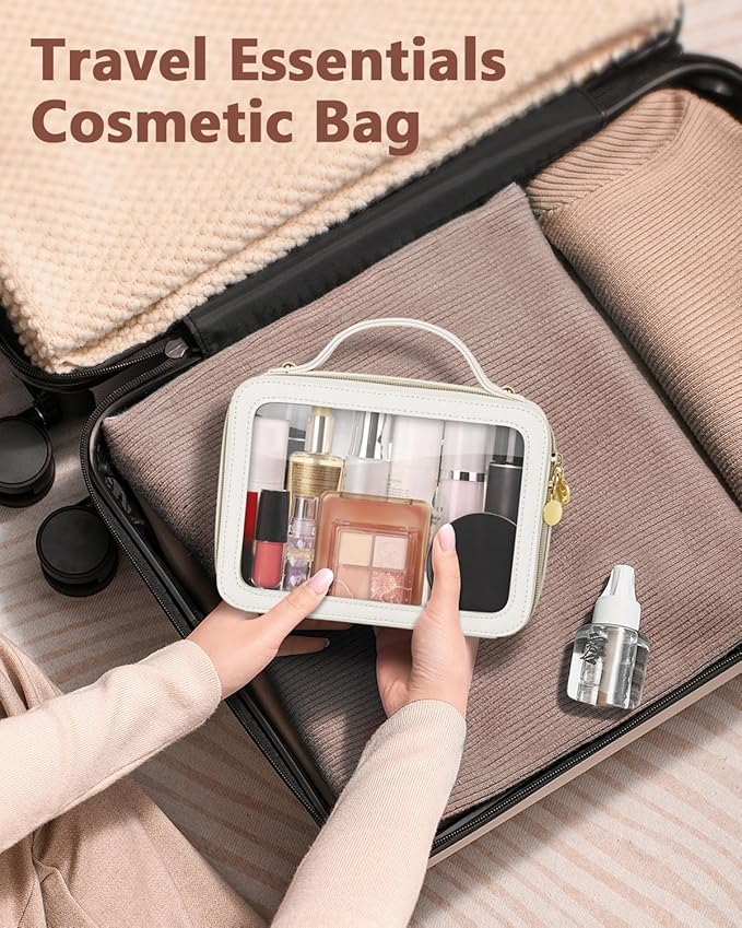 Clear Makeup Bag, Portable Travel Cosmetic Bags, Multipurpose Leather Toiletry Bag with Zipper, Waterproof Transparent Cosmetic Organizer for Women, Medium, Beige
