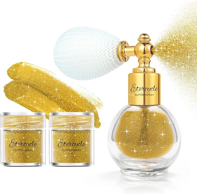 Etercycle Hair Glitter Spray, Gold Body Glitter Spray Fine Face Shimmer Powder, Cosmetic Shimmer Makeup Glitter Highlighter Powder Hairspray for Y2K Accessories, Party, Stage Shows, Nightclubs, Bar