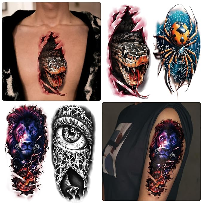 77 Sheets 3D Realistic Temporary Tattoos Adults Kids, Realistic Skull Tiger Wolf Lion Dragon Spider Snake Temporary Tattoos For Women Men, Half Arm 3D Halloween Temp Tattoos Look Real And Last Long
