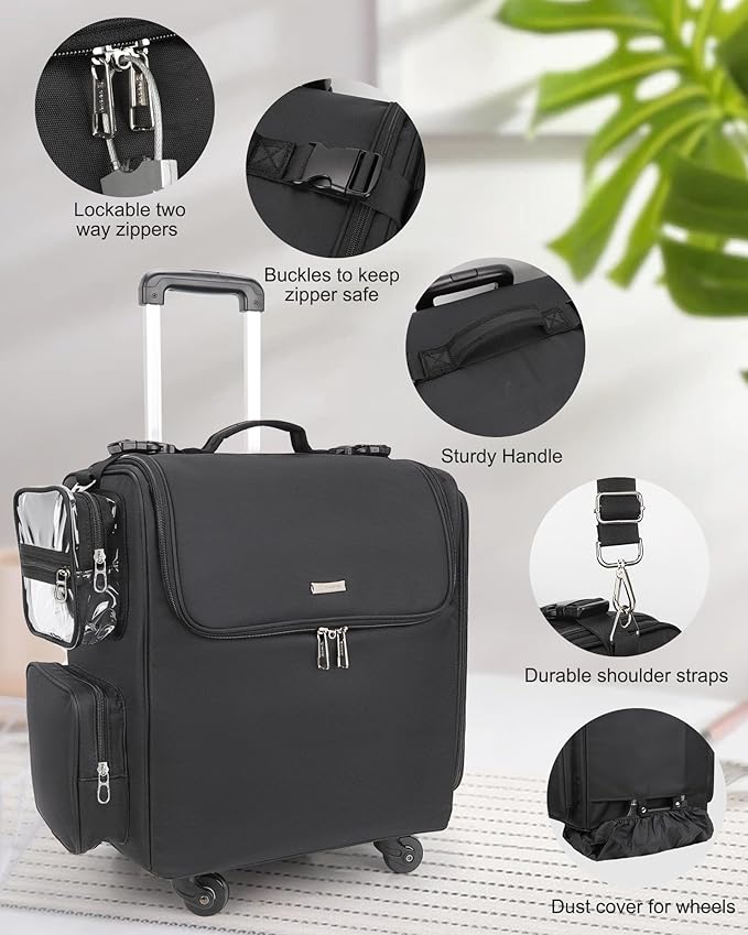Relavel Rolling Makeup Train Case, Hairstylist Traveling Bag with 4 Wheels, Heat Insulation Full Layer, Adjustable Dividers, Hair Tools and Cosmetics Storage Organizer Trolley Suitcase Makeup Cart