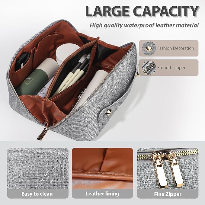 Makeup Bag for Women Travel Cosmetic Bag Toiletry Oraganizer Case Bag Travel Essentials Portable Pouch with Waterproof Large Capacity PU Leather Lining
