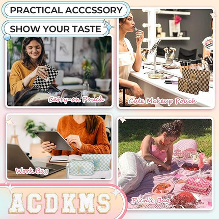 2PCS Checkered Makeup Bag for Women Personalized Initial Letter Makeup Bag Travel Toiletry Bag Organizer Cute Makeup Brushes Storage Bag Mother's Day Birthday Gift for Women (Blue S)