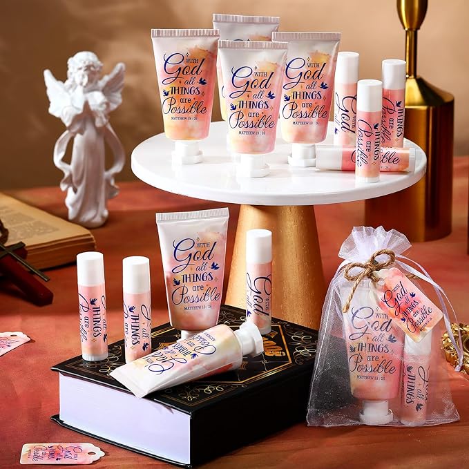 24 Sets Christian Hand Cream and Lip Balm Gift Set Christmas Christian Gift for Women Travel Size Hand Lotion Bible Verse Lip Balm Bulk for Baby Bridal Shower Mom Holiday Gift (Lovely)
