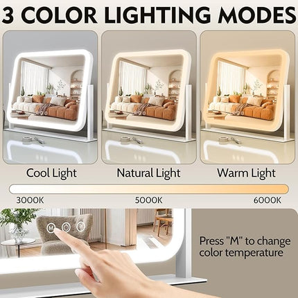 ROLOVE Lighted Makeup Mirror, 17"x13" Vanity Mirror with Lights, 10X Magnification, Gifts for Women, 3 Color Lighting Modes, Smart Touch Control, 360° Rotation for Bedroom or Tabletop (White)