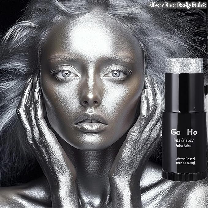 Go Ho Pearl Silver Face Body Paint Stick,Water Based Washable Face Paint Stick,Non-toxic Full-coverage Cream Silver Body Paint for Adults Children Halloween Cosplay SFX Makeup