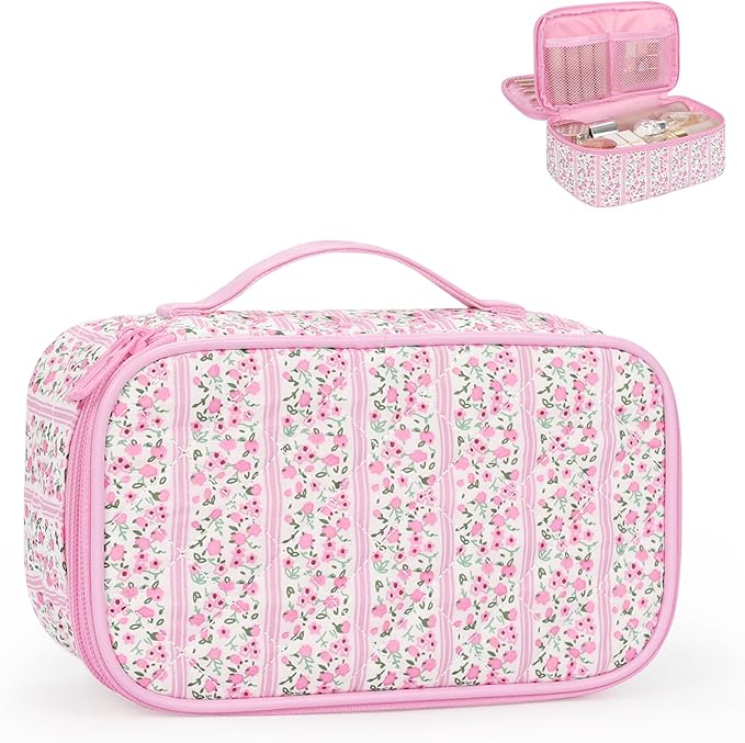 Relavel Cute Makeup Bag for Girls, Portable Pink Cosmetic Bag, Dual-layer Makeup Pouch with Brush Holder, Multi-Functional Preppy Toiletry Organizer for Travel, Daily Use - Pink Flower