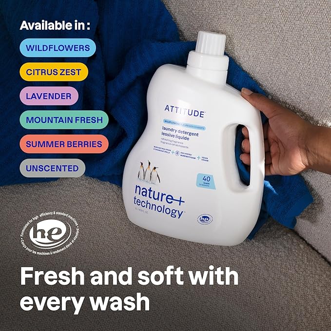 ATTITUDE Liquid Laundry Detergent, EWG Verified, HE Compatible, Plant-Based & Vegan, Natural Laundry Soap, Wildflowers Scent, 40 Loads, 67.6 Fl Oz