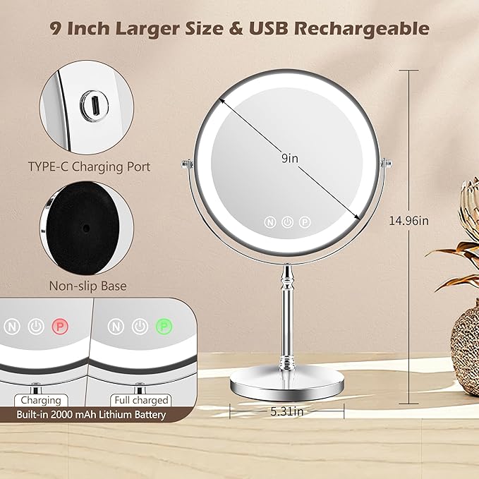 9" Large Lighted Makeup Mirror, 1X/10X Magnifying Makeup Mirror with 3 Colors Dimmable Lightning, 80 LED Lights, 360°Rotation Double Sided Standing Vanity Mirror