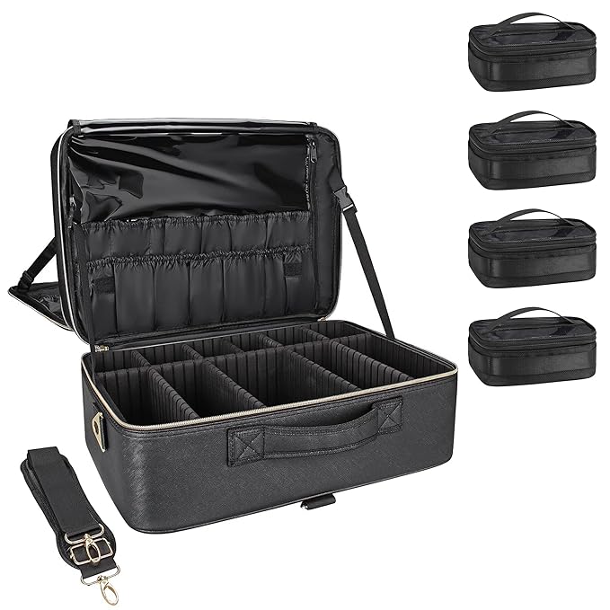 Relavel Makeup Bag, Extra Large Makeup Case, Cosmetic Storage Organizer Box Brush Holder with 4 Clear Set Bags and Adjustable Dividers and Shoulder Strap for Professional Make Up Artists